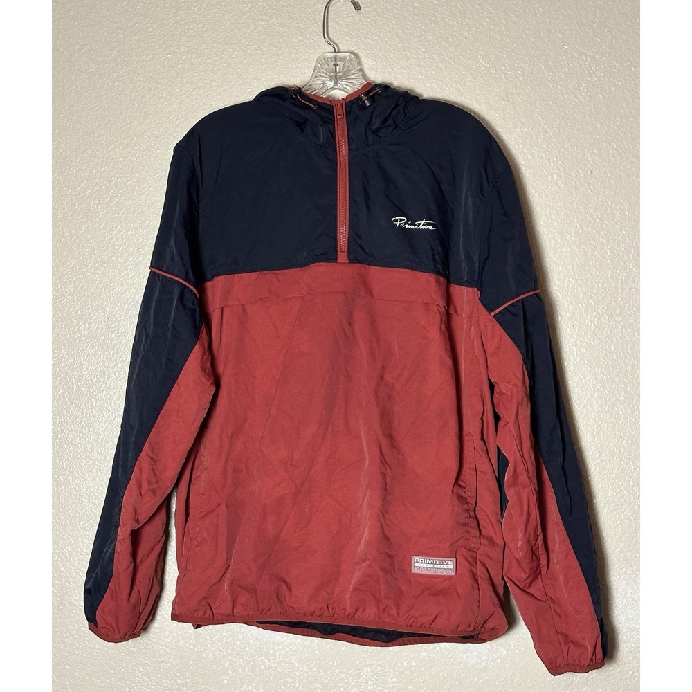 Primitive Skateboarding Jacket Red Navy Quarter Zip Hooded Windbreaker Size L